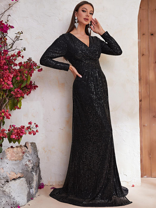 Sequin V Neck Long Sleeve Prom Evening Dress Fishtail Slit Maxi Dress