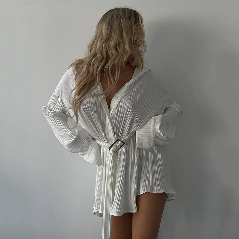Summer Loose Casual Ruffled Shirt Women All Match Solid Color Single Breasted Cardigan Dress