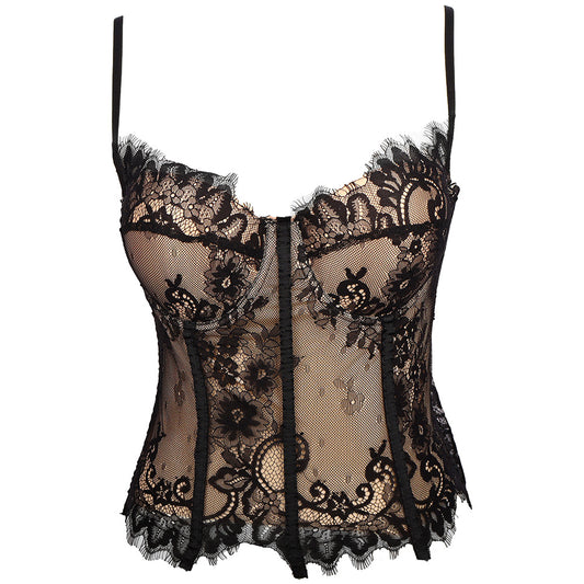 Summer Thin Boning Corset Strap Waist Tight Sexy Lace Bottoming Vest Bra-Free Can Be Worn outside Sexy Mesh Shirt