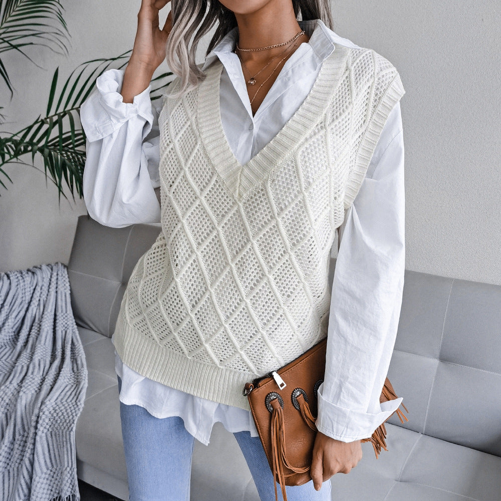 Real shot autumn winter v-neck rhombus Hollow Out Cutout casual knitted sweater vest women clothing