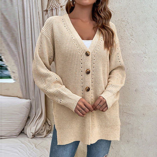 Autumn Winter Hollow Out Cutout Cardigan Sweater Women Button Slit Knit Sweater Coat