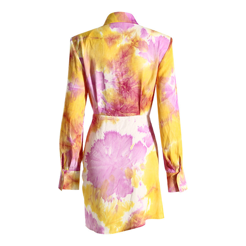 Niche Irregular Asymmetric Dream Colorful Printing Summer Tie Dyed Shirt Dress for Women Cinched Short Dress