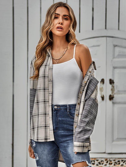 Autumn Winter Casual Women Clothing Single Breasted Plaid Stitching Shirt Women