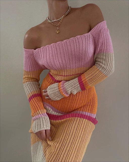 Long Contrast Color Off Neck Off The Shoulder Hollow Out Cutout Out Beach Long Sleeve Knitted Striped Dress Women