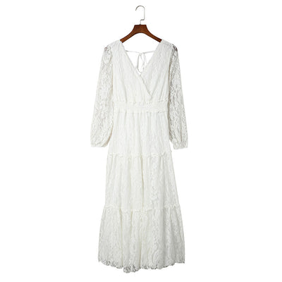 Summer Lace Long Sleeved Dress Women White Simple Dress