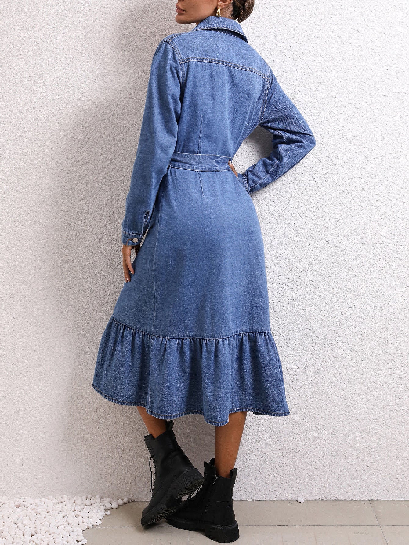 Retro Waist Controlled Slimming Long Sleeve Denim Dress Women