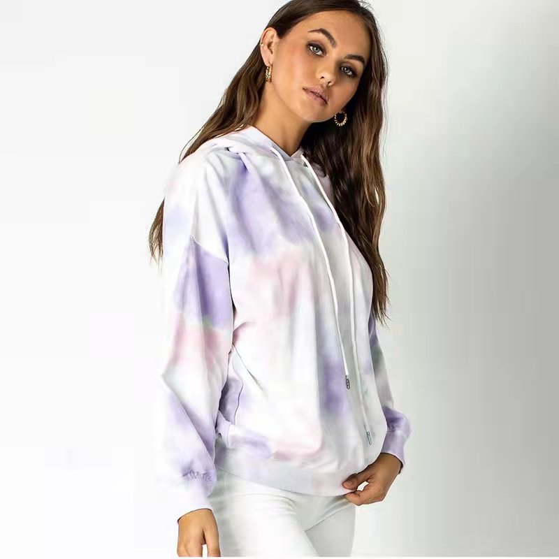 Autumn Winter Tie-Dye Loose Hooded Drawstring Women Clothing Urban Casual Long Sleeves