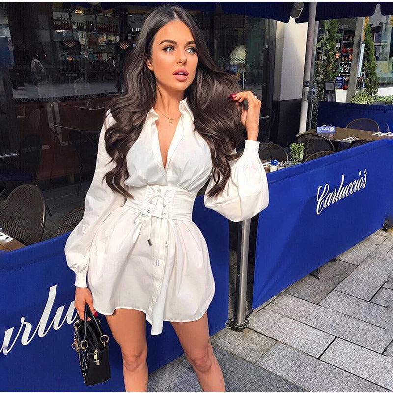 New Women Clothing Casual Fashion Lace-up Shirt Dress with Waist Seal Short  WomenDress Autumn