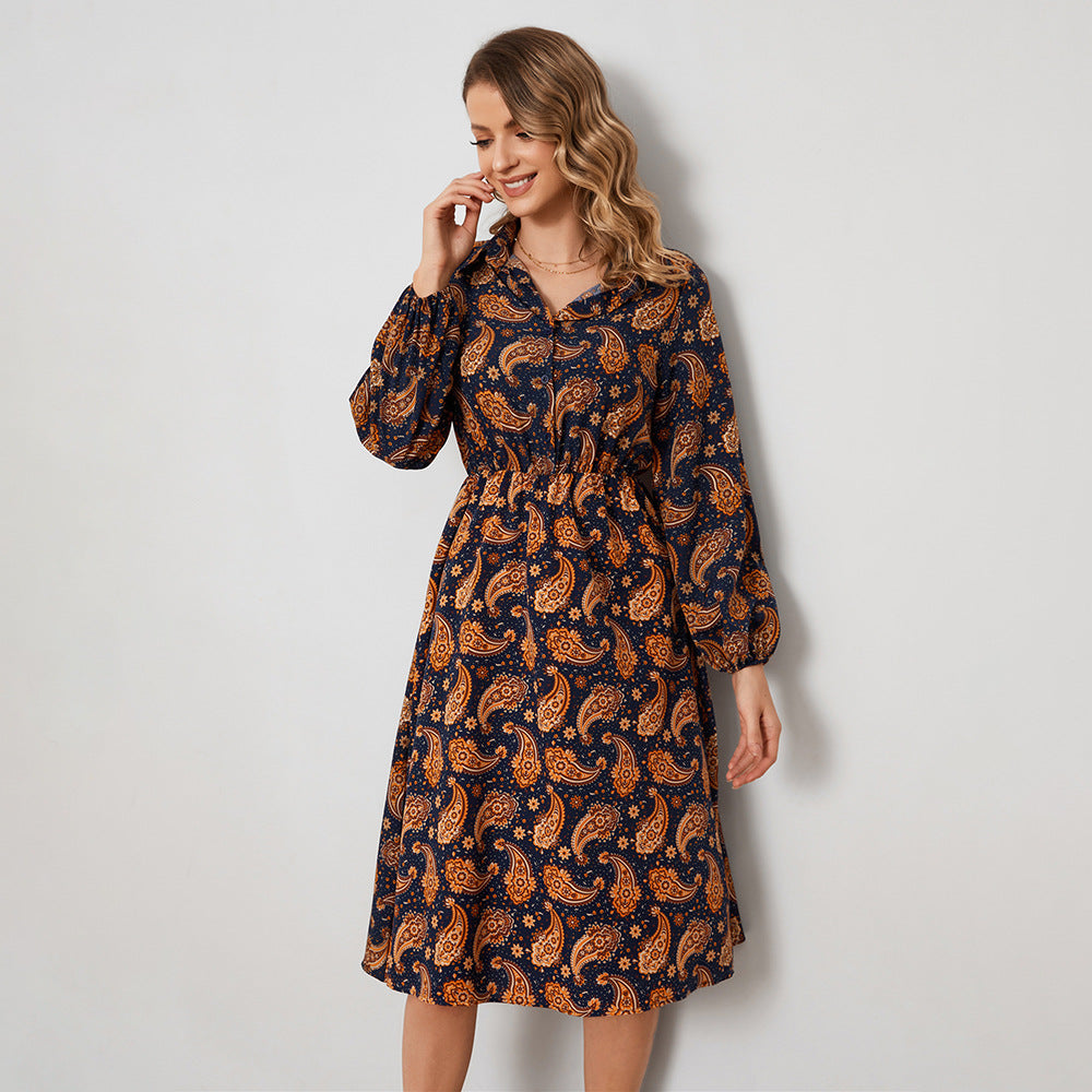 Printing A Line Long Sleeve Floral Shirt Dress