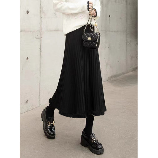 Fall Winter Skirt Women Knitted Umbrella Skirt High Waist A line Large Hem Ruffled Wool Long Skirt