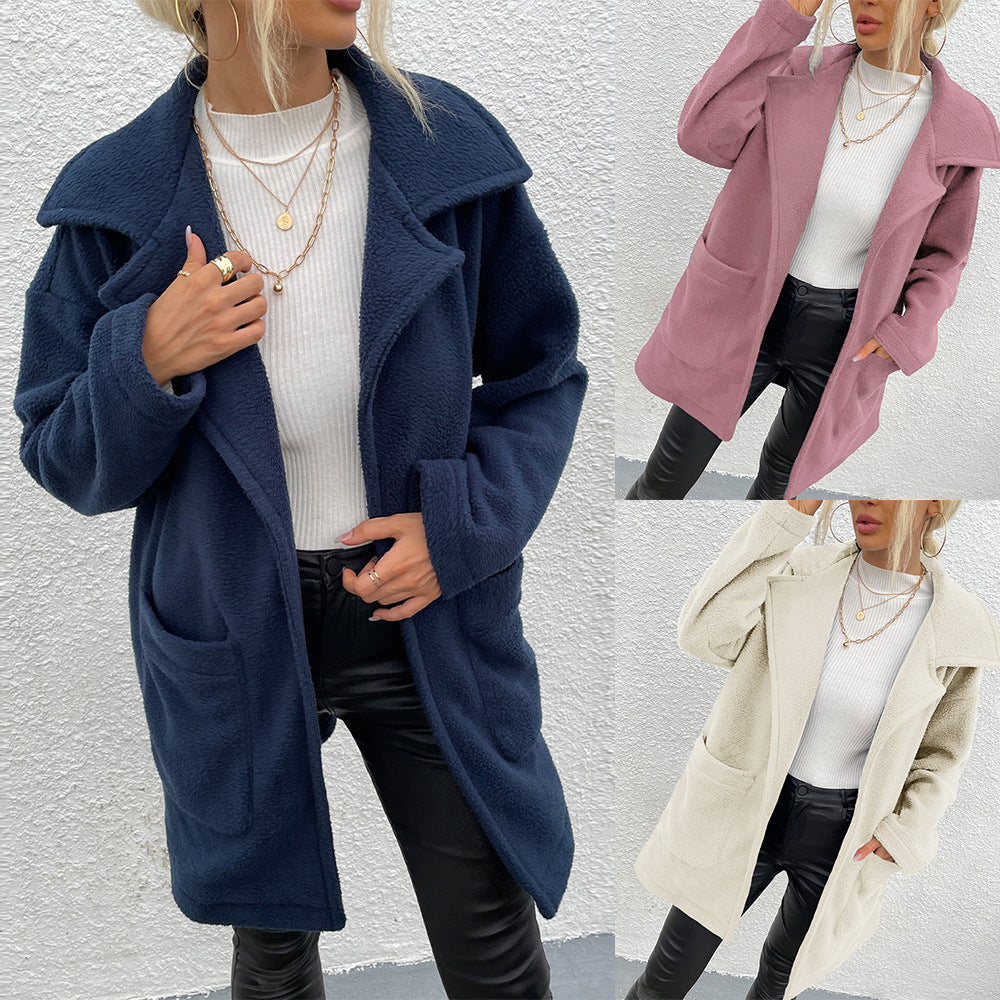 New Autumn Winter New  Women  Clothing Blazer Collar Solid Color Women  Long Plush Coat Top Women