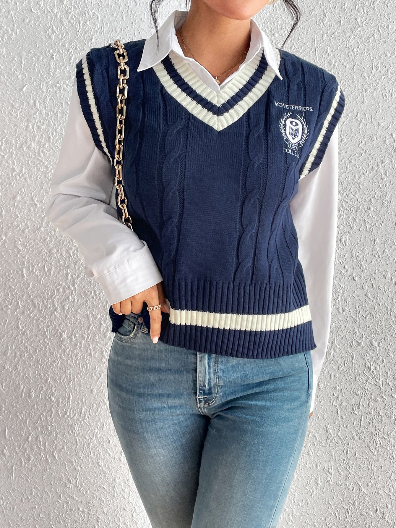Autumn Winter University Solid Color Hemp Pattern Pullover Vest Knitted Sweater