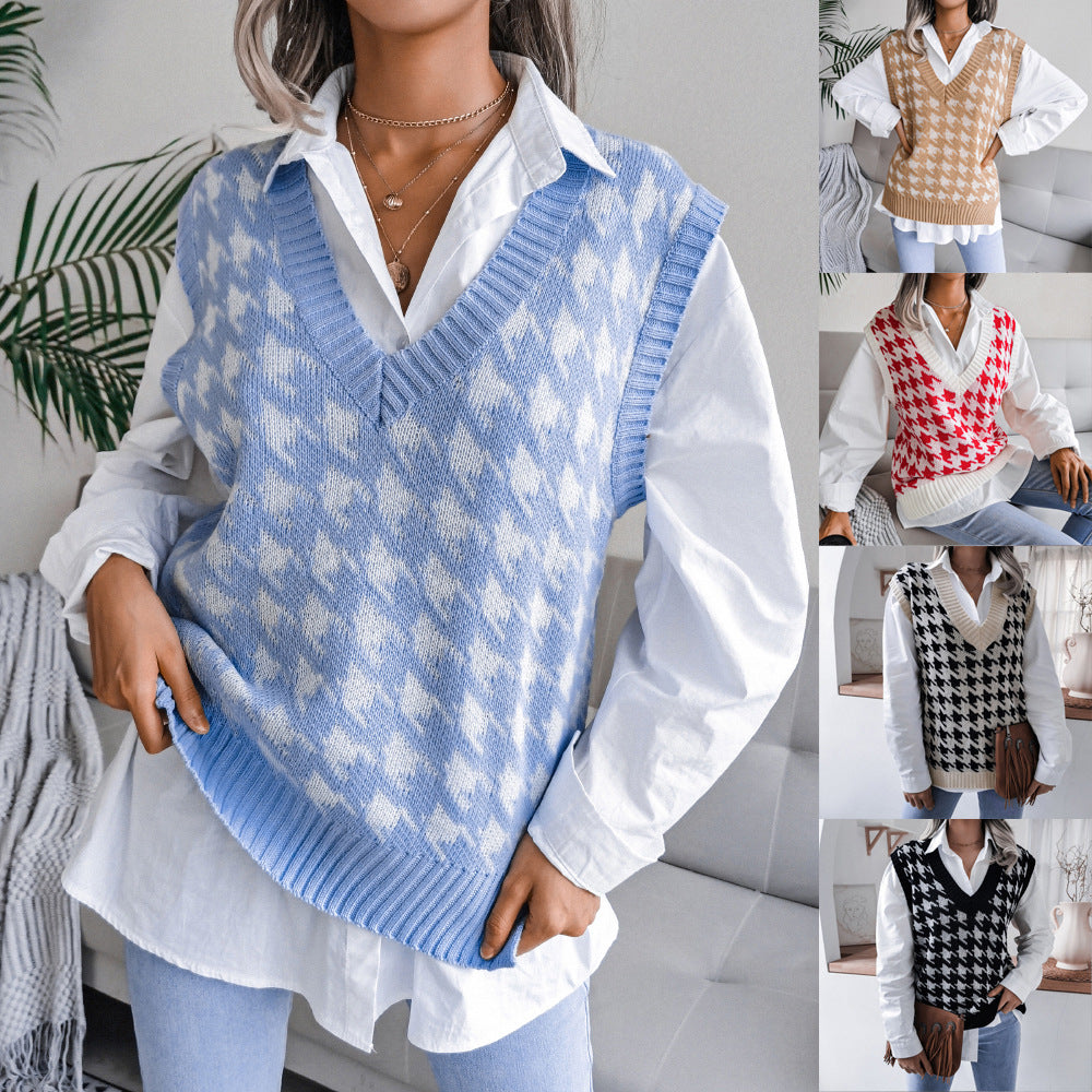 Autumn Winter  V-neck Houndstooth Casual Loose Knitted Vest Sweater Waistcoat Women Clothing