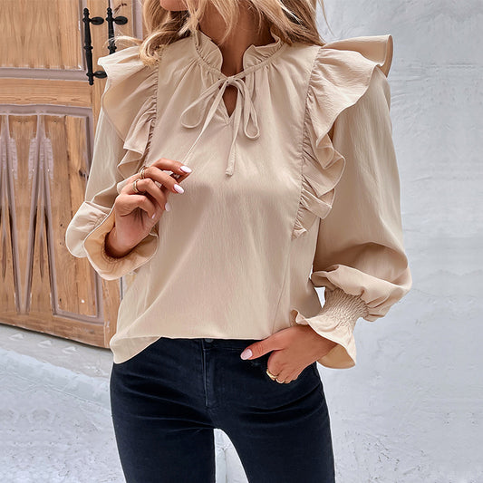 Women Clothing Spring Ruffled Long Sleeve Solid Color Shirt Women