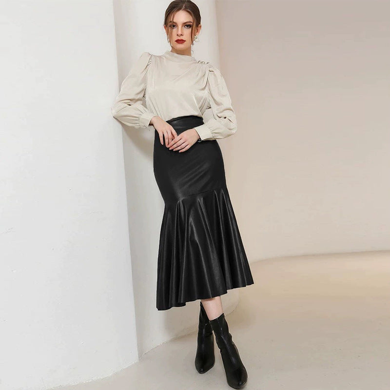 Leather Skirt Elegant Black Leather Skirt High Waist Slimming Sheath Trendy Skirt