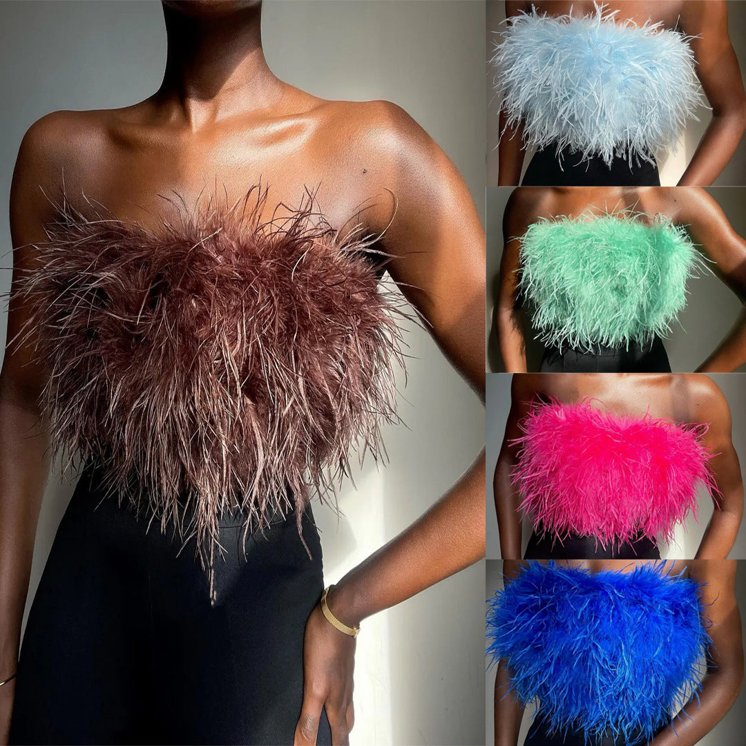 Spring Summer Feather Multi Color Fur Tube Top Top