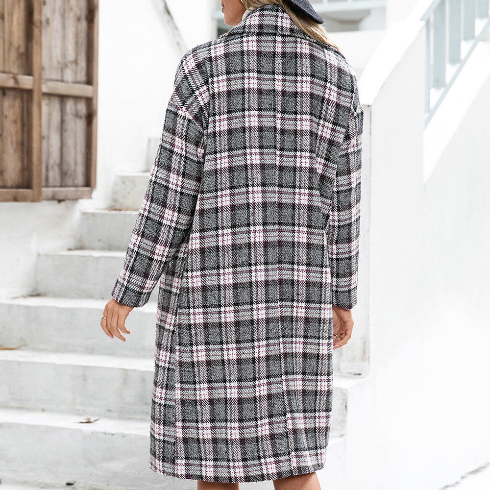 Blazer Collar Double Breasted Long Cashmere Houndstooth Woolen Coat Plaid Trench Coat for Women