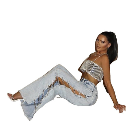 High Waist Straight Loose Jeans for Women Summer Diamond Stitching Side Hollow Out Cutout out Wide Leg Mop Pants Trousers for Women