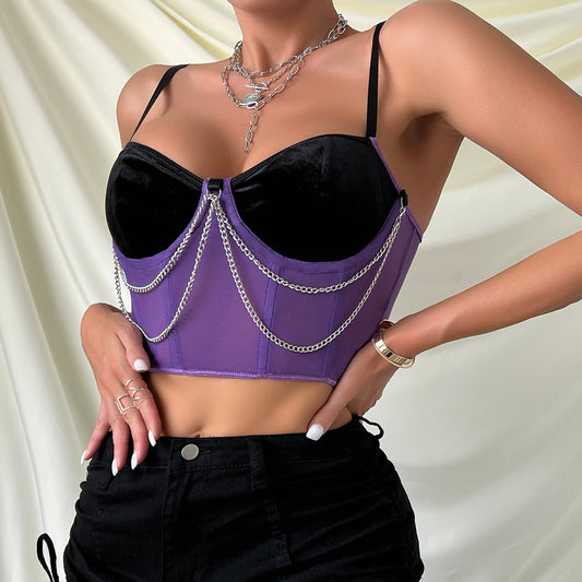 Sexy Color Matching Retro Millennium Boning Corset Chain Outerwear Camisole