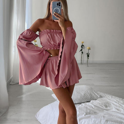 Sexy Artificial Silk Bell Sleeve Pajamas Two Piece Set Long Sleeve Shorts Ladies Homewear