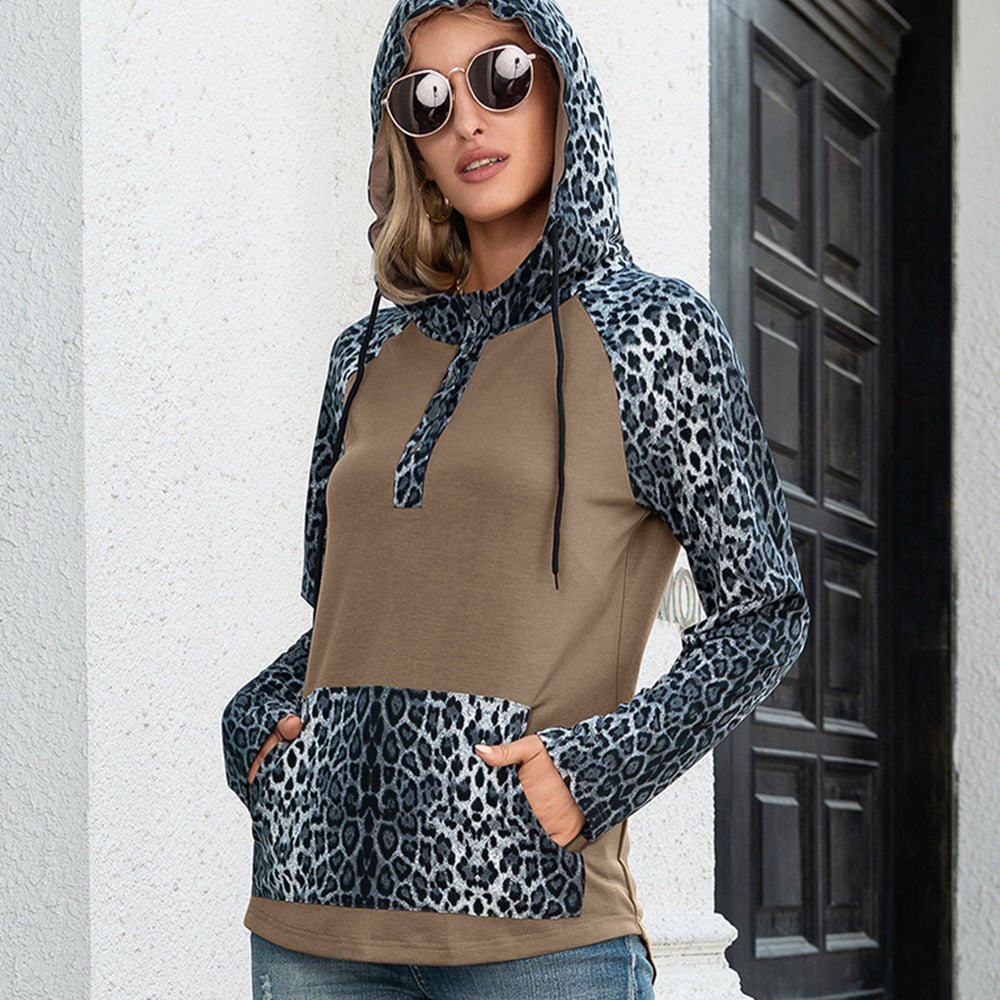 Autumn Winter Leopard Splicing Contrast Color Hooded Long Sleeve Sweatshirt Tops Women