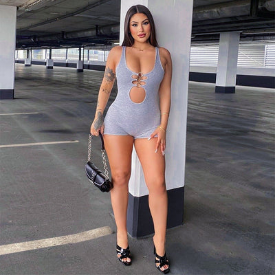 Women Clothing Spring Summer Solid Color Sleeveless Hollow Out Cutout Slim Fit Sexy Jumpsuit