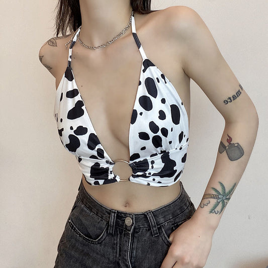 Sexy sexy Top Vest Wrapped Chest Hollow-out Halter Printed Top