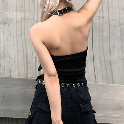 Punk Dark Corns Multiple Straps Metal Adjustment Buckle Tube Top Vest Sexy off the Shoulder Sexy Top