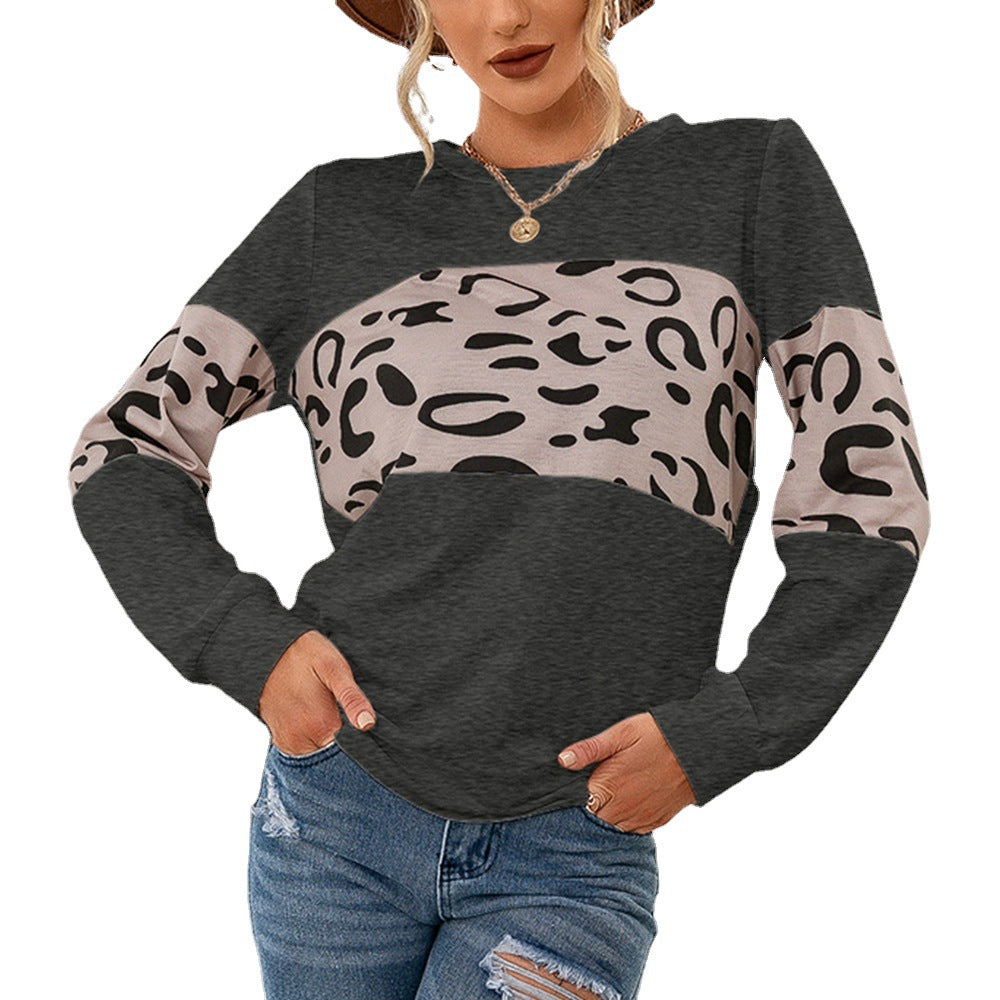 Autumn Winter Casual Knitted Leopard Print Pullover round Neck Contrast Color Patchwork Women