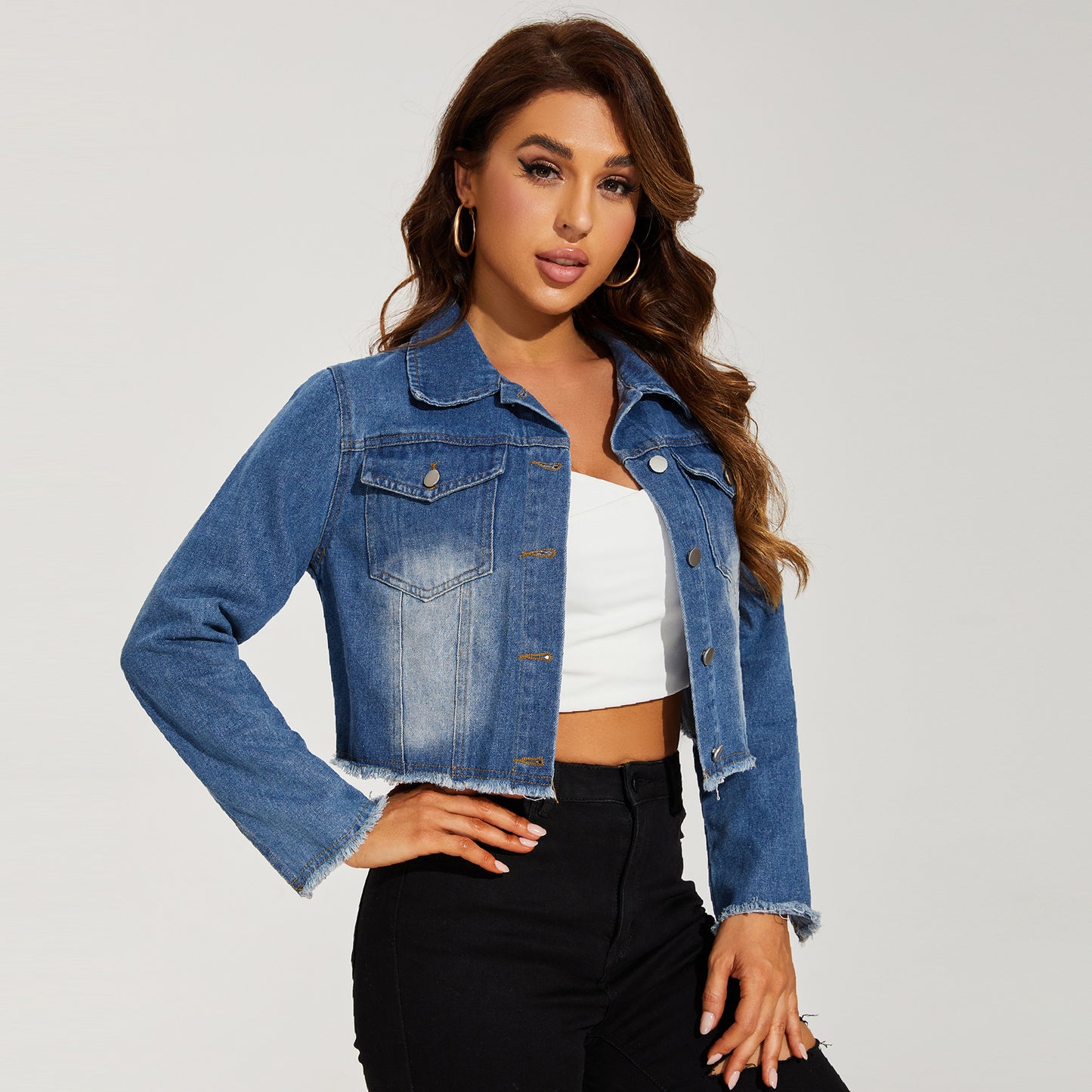 Denim Jacket Women Same Distressed Short Denim Jacket