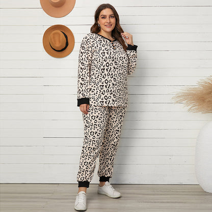 Plus Size Homewear Suit Spring Autumn Leopard Print Long Sleeve round Neck Pullover Loose Pajamas Women