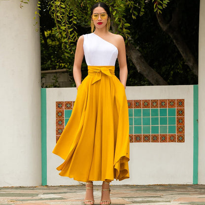 Summer Elegance Retro Solid Color Wide Hem Skirt