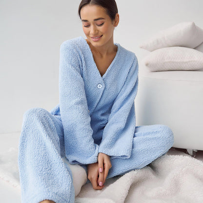 Blue Woolen Comfortable Warm Long Sleeves Pajamas Two Piece Set Exclusive for Ladies Homewear
