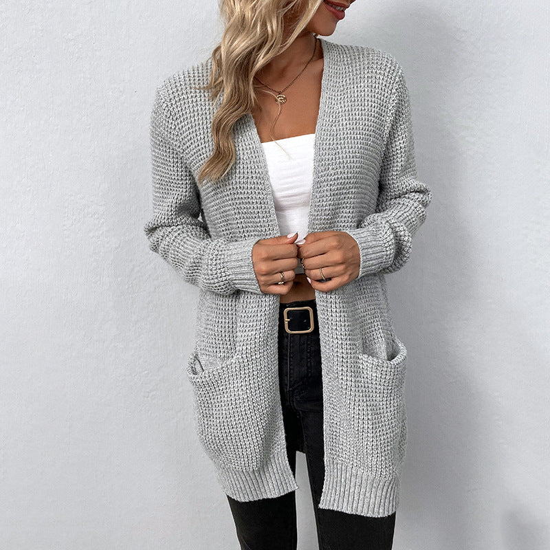 Autumn Winter Women Knitted Sweater Solid Color Pocket Sweater Women Cardigan Coat