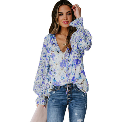 Chiffon Shirt Cardigan Spring Summer Loose Floral Pattern Lantern Sleeve Top for Women