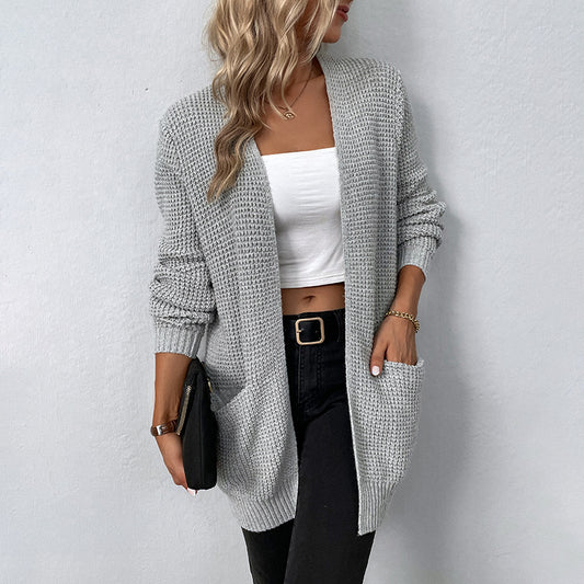 Autumn Winter Women Knitted Sweater Solid Color Pocket Sweater Women Cardigan Coat