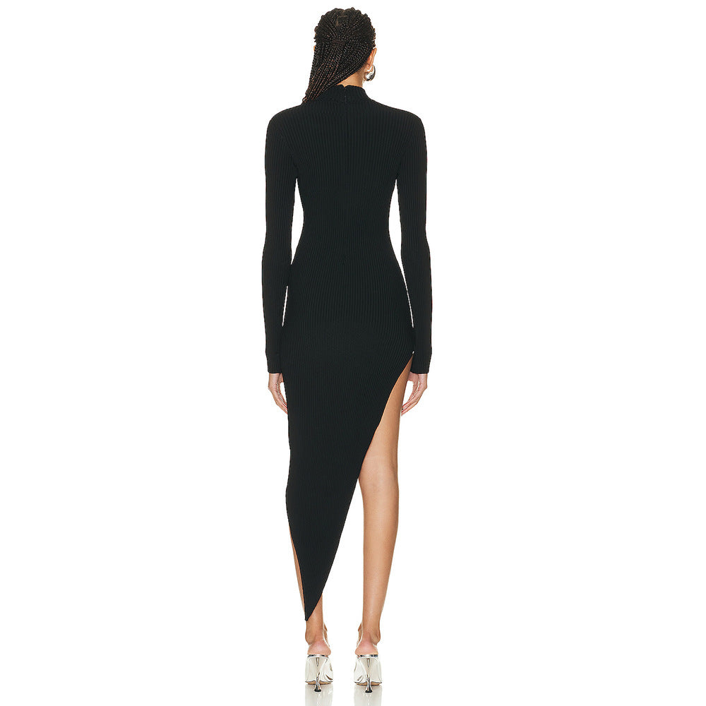 Winter Black Long Sleeve Dress Diamond Decorations Hollow Out Cutout Asymmetric Women Clothing Bandage Dress