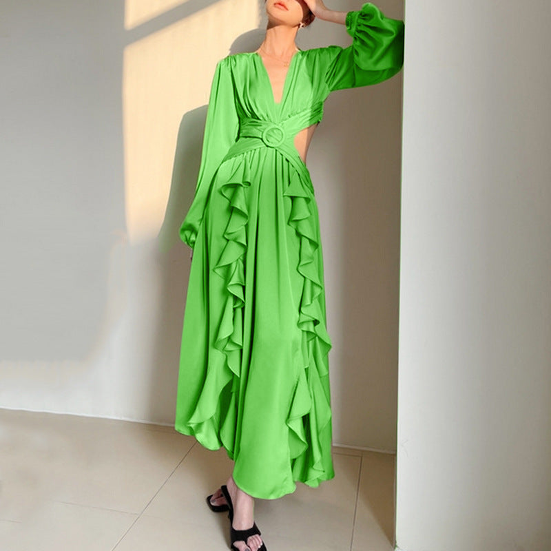 Green Fresh Vacation Maxi Dress for Women Summer V neck Puff Sleeve Backless Lace up Maxi Dress