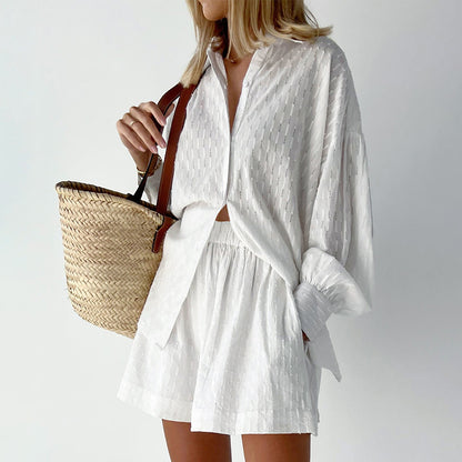 Summer French White Jacquard Cotton Puff Sleeve Casual Shorts Suit Ladies Homewear Cool Pajamas