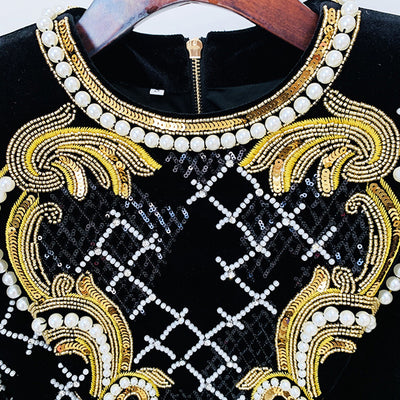 Autumn Winter Heavy Industry Embroidery Sequined Diamonds Bead Long Sleeve Gold Velvet Sheath Dress