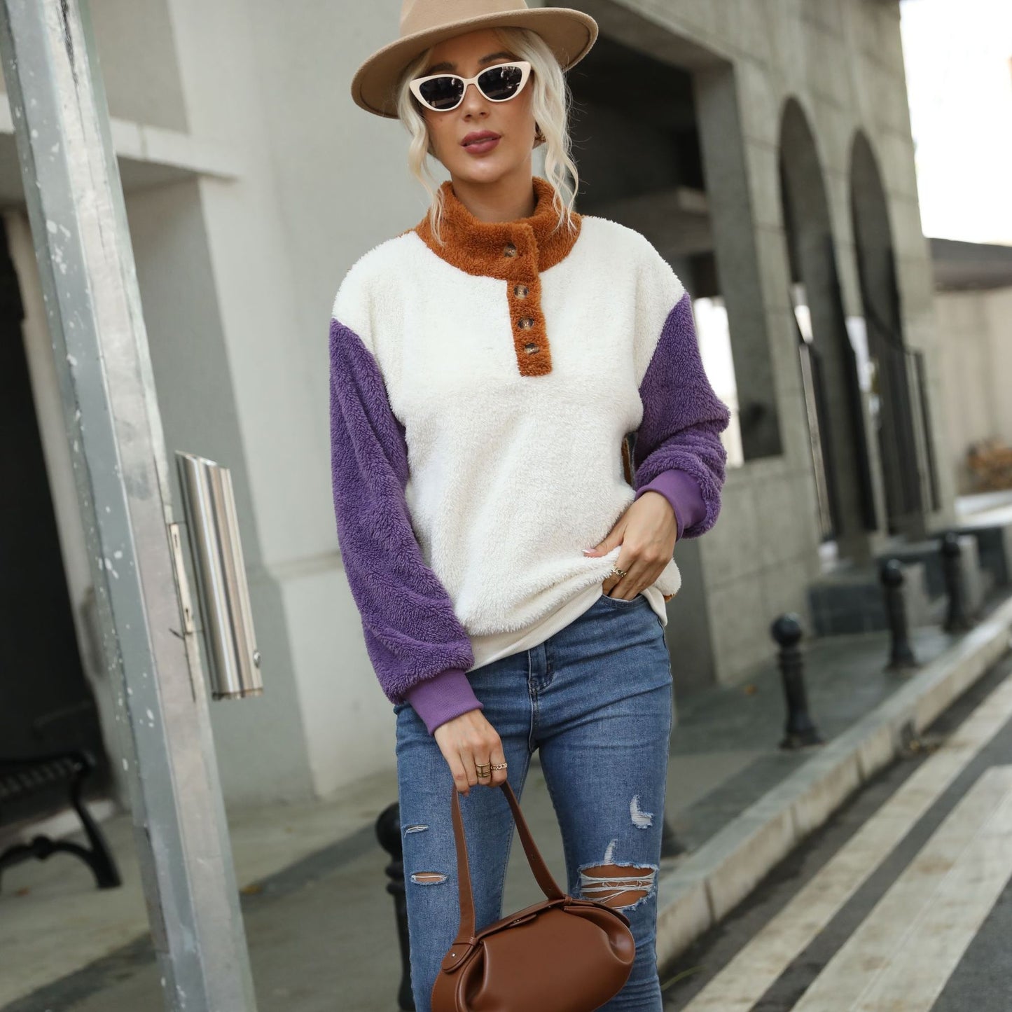 Ladies Round Neck Long Sleeve Pullover Loose Stitching Long Sleeve Fleece Sweatshirt