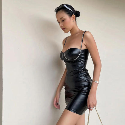 Women Clothing  Leather Imitation Drill Chain Autumn Winter Sexy Slim Strap Sheath Dress