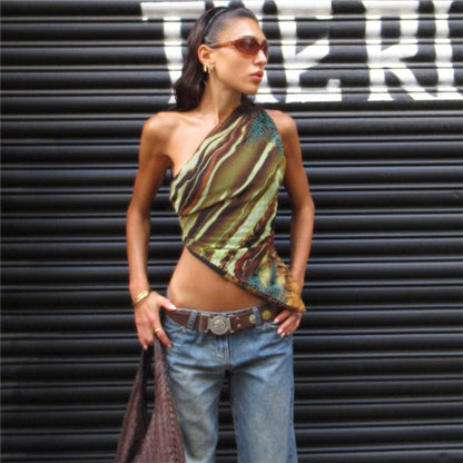 Summer Women Clothing Printed Shoulder Sleeve Slant Cut Bottom Slim Fit Bottoming Small Vest