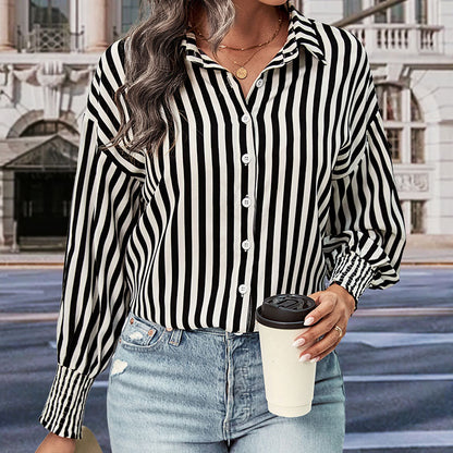 Top Long Sleeve Black White Striped Shirt Women