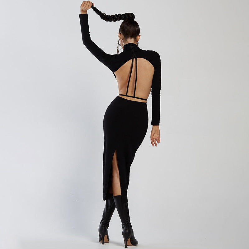 Women Clothing Autumn Sexy Backless Turtleneck Long Sleeve Dress