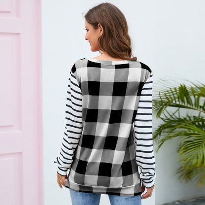 Plaid Long-Sleeved Sweater round Neck Striped Sweater Plush