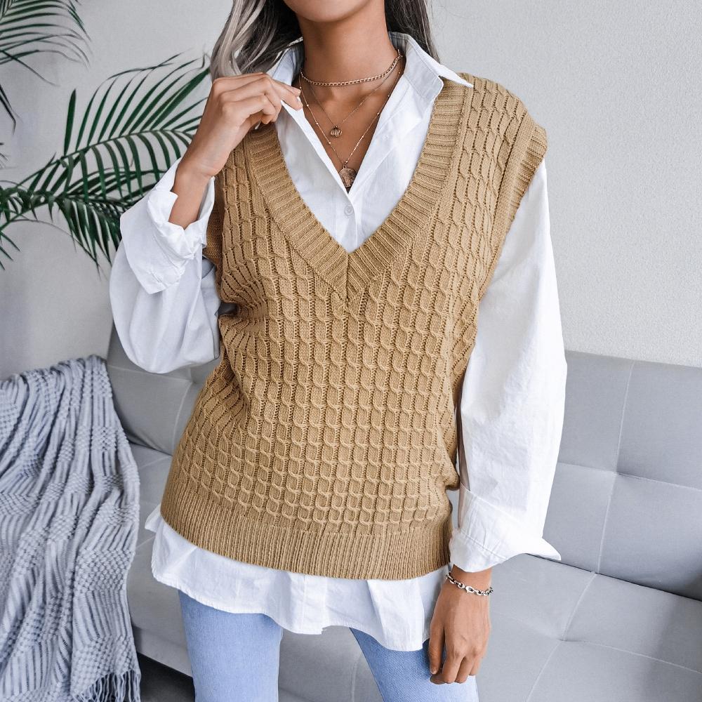 Women Pink Sweater V-neck Knitted Vest Vest Solid Color Women Top