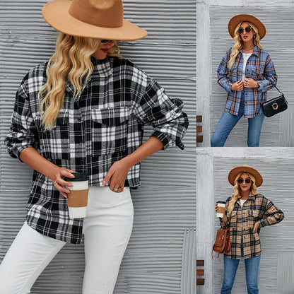 Women Casual Button Pocket Plaid Loose Woolen Coat