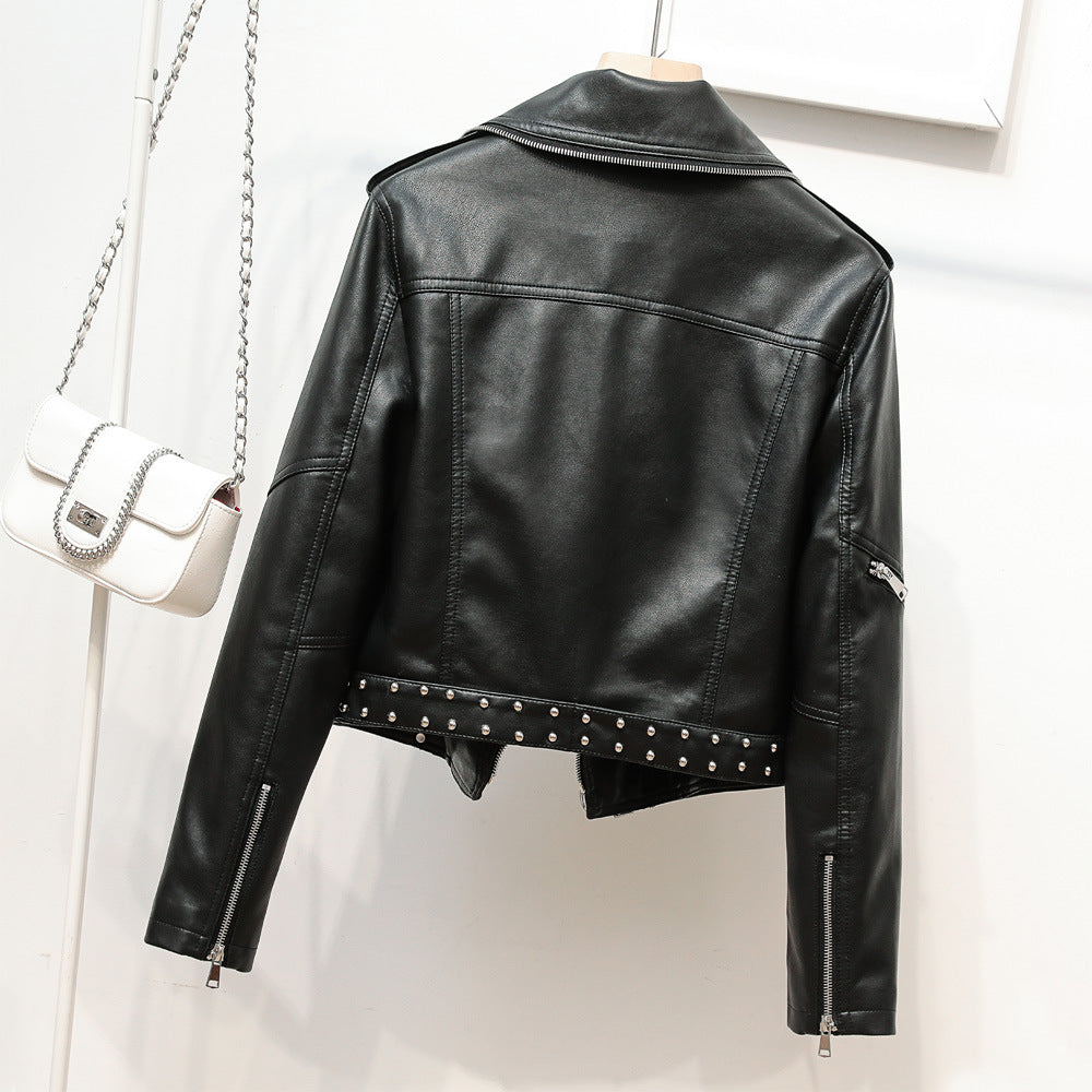 Waist Belt Rivet Heavy Industry Zipper Decorations Collared Women Faux Leather Coat Epaulet Leather Jacket Coat