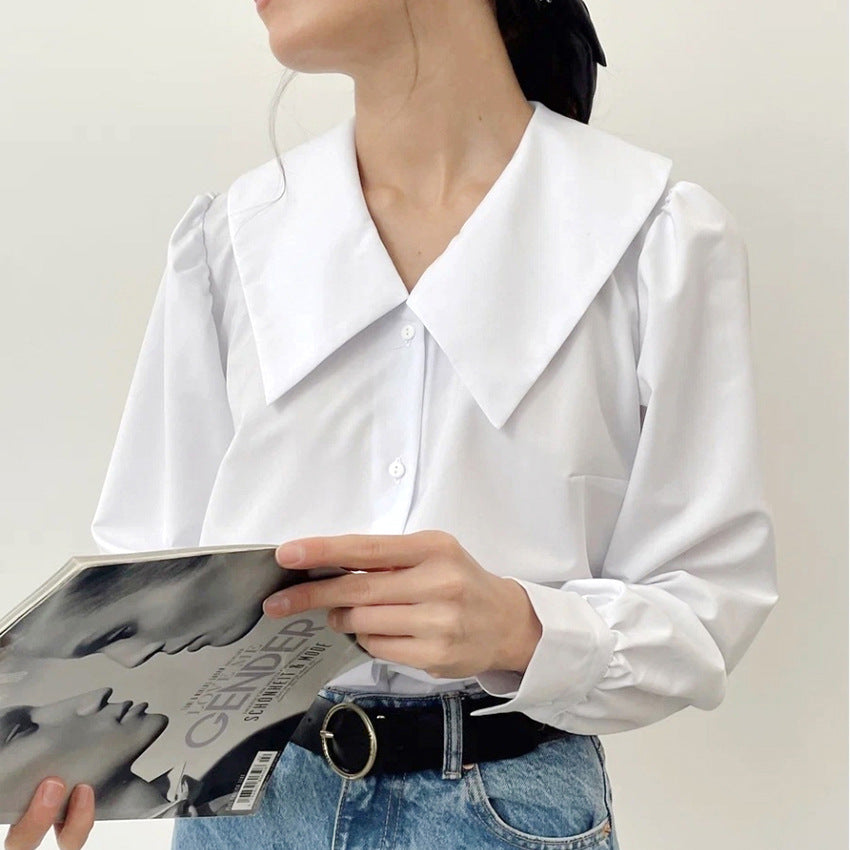 Summer French Office Sailor Collar Casual Long Sleeves Shirt Classic Niche White